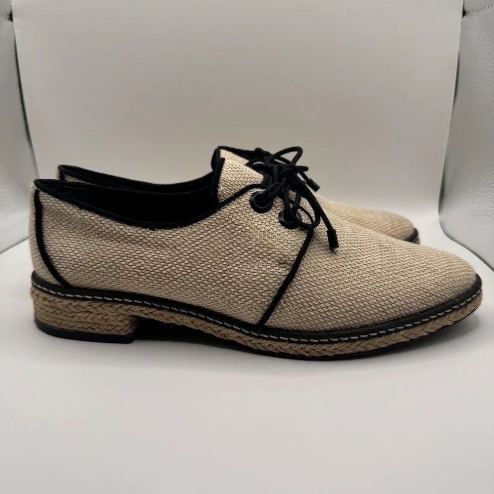 Tory Burch Beige Woven Espadrille Oxford Lace Up Flats Black Trim Women's 7.5M